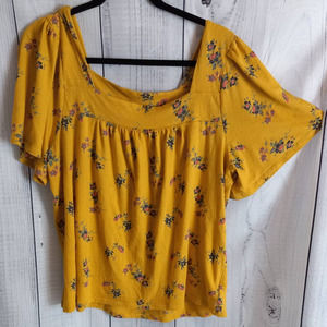 Lucky Brand Mustard Yellow Floral Flutter Sleeve Boho Top - Cotton & Modal